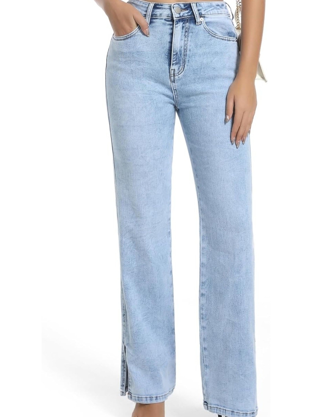 Light Wash High-Rise Straight Jeans with Front Slit - Picture 4 of 4